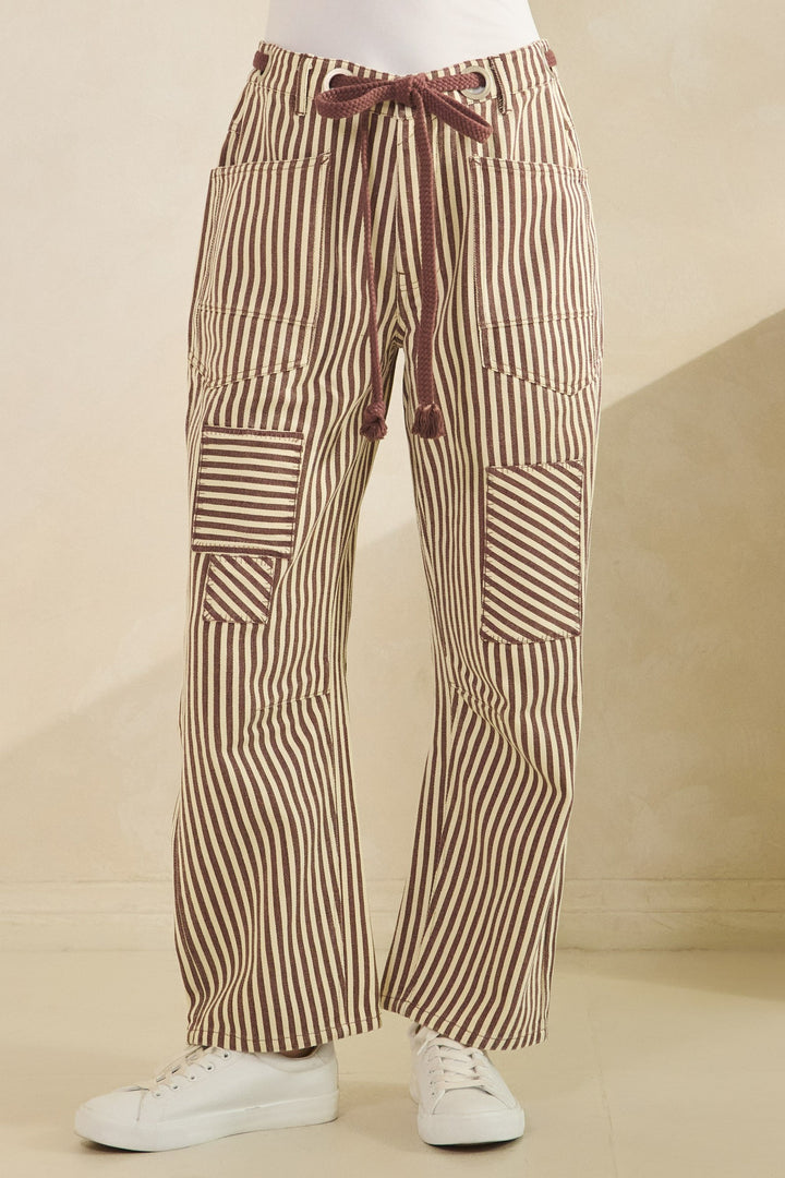 Washed Vintage Stripe Rope String Pants - Mocha Mousse