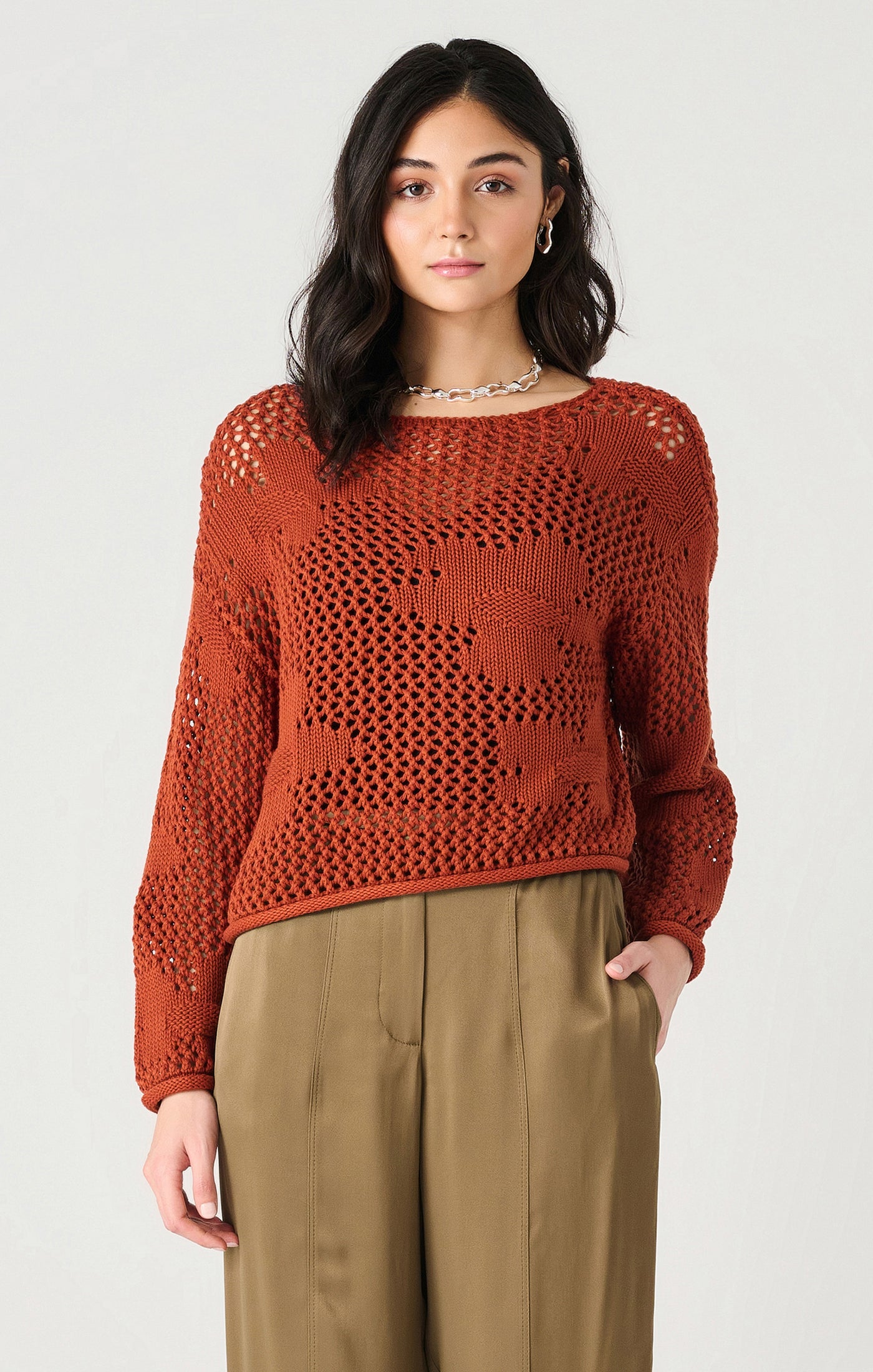 Long Sleeve Floral Sweater - Burnt Orange