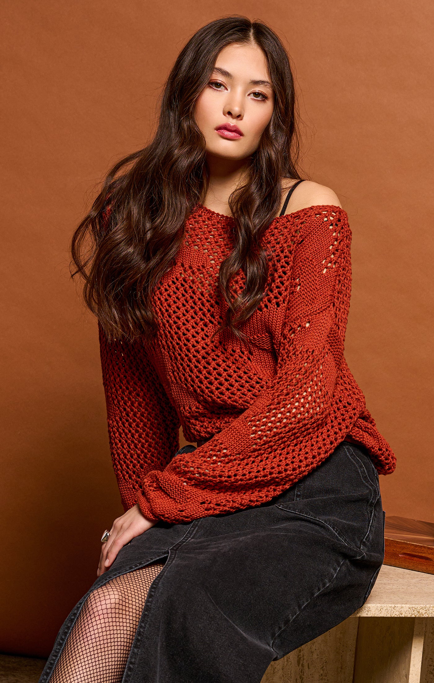 Long Sleeve Floral Sweater - Burnt Orange