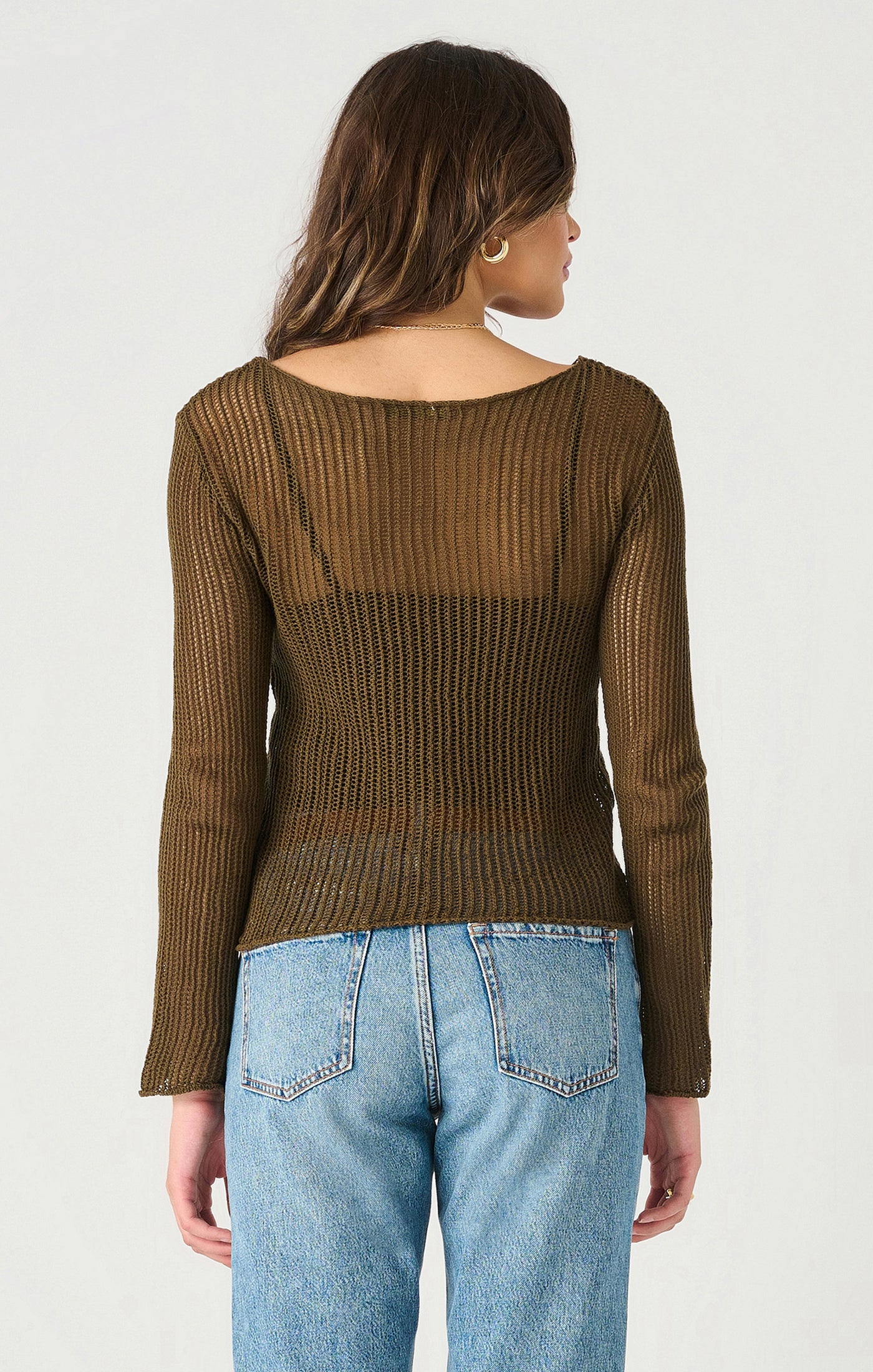 Long Sleeve Mesh Stitch Sweater - Deep Olive