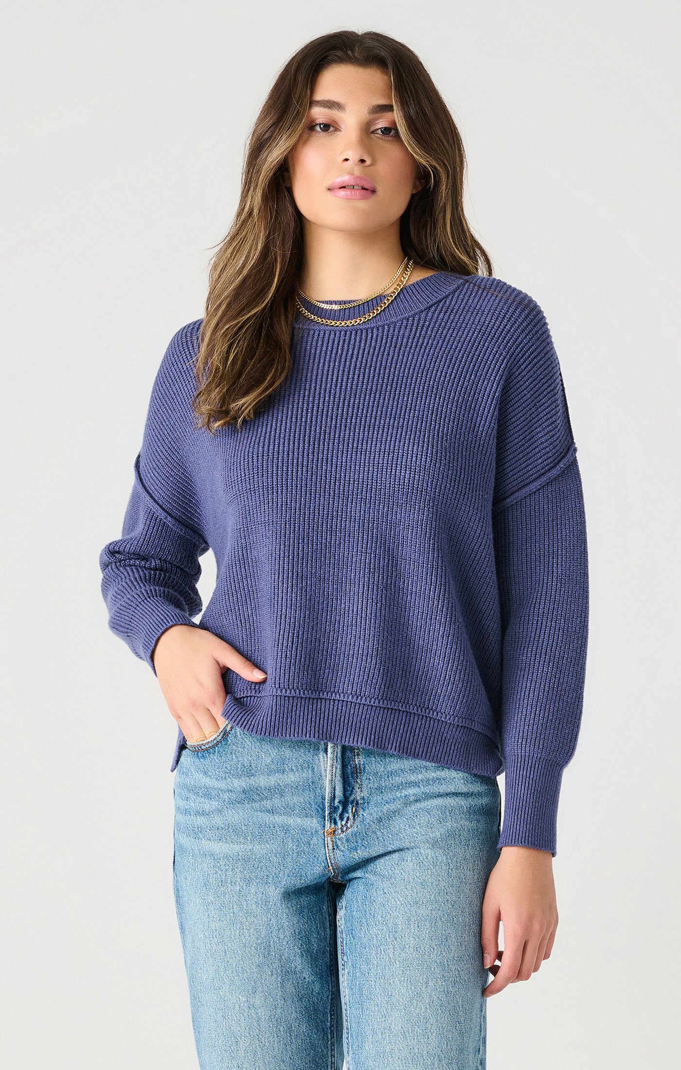 Long Sleeve Drop Shoulder Mock Neck Sweater - Deep Blue