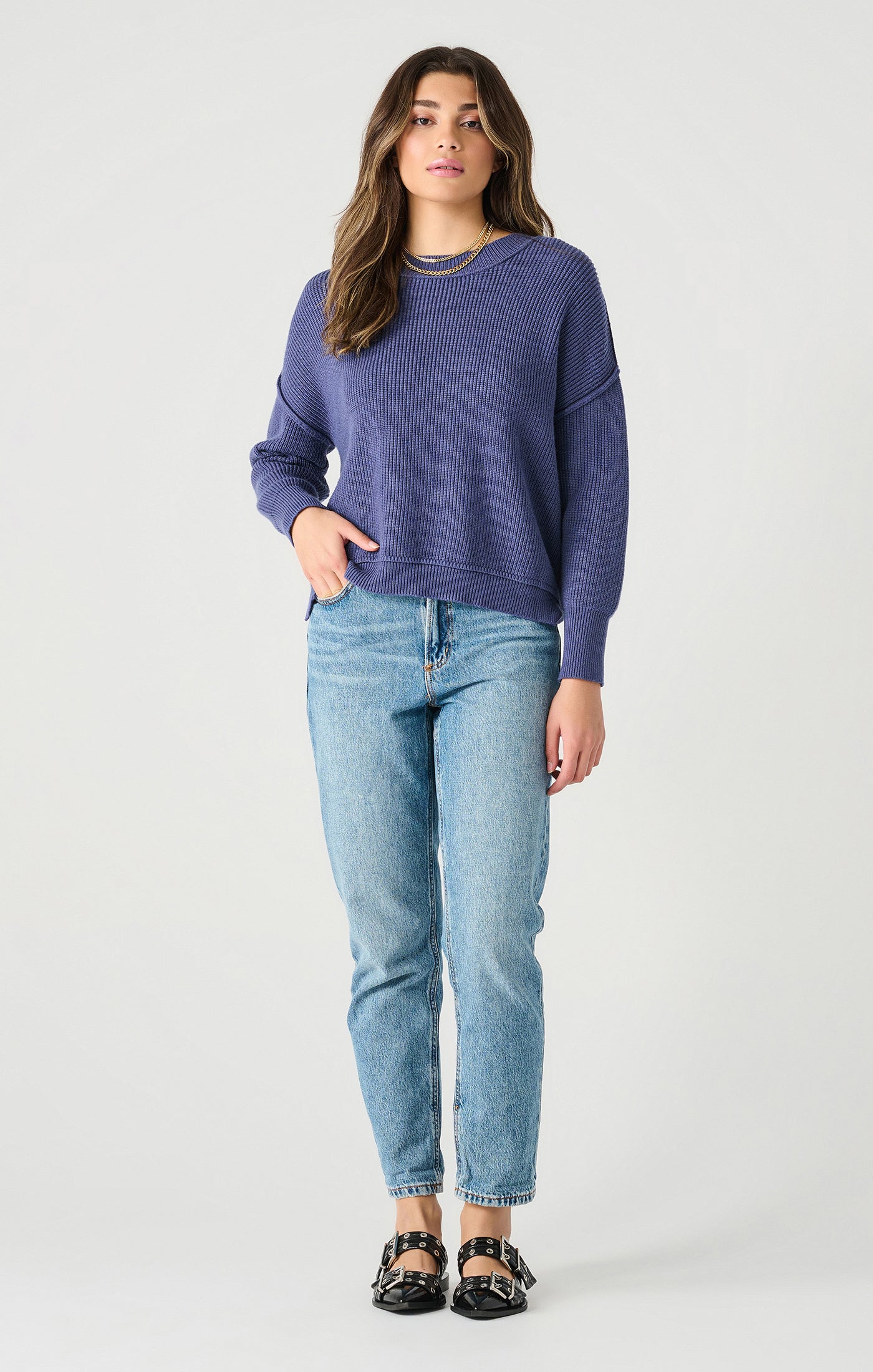 Long Sleeve Drop Shoulder Mock Neck Sweater - Deep Blue