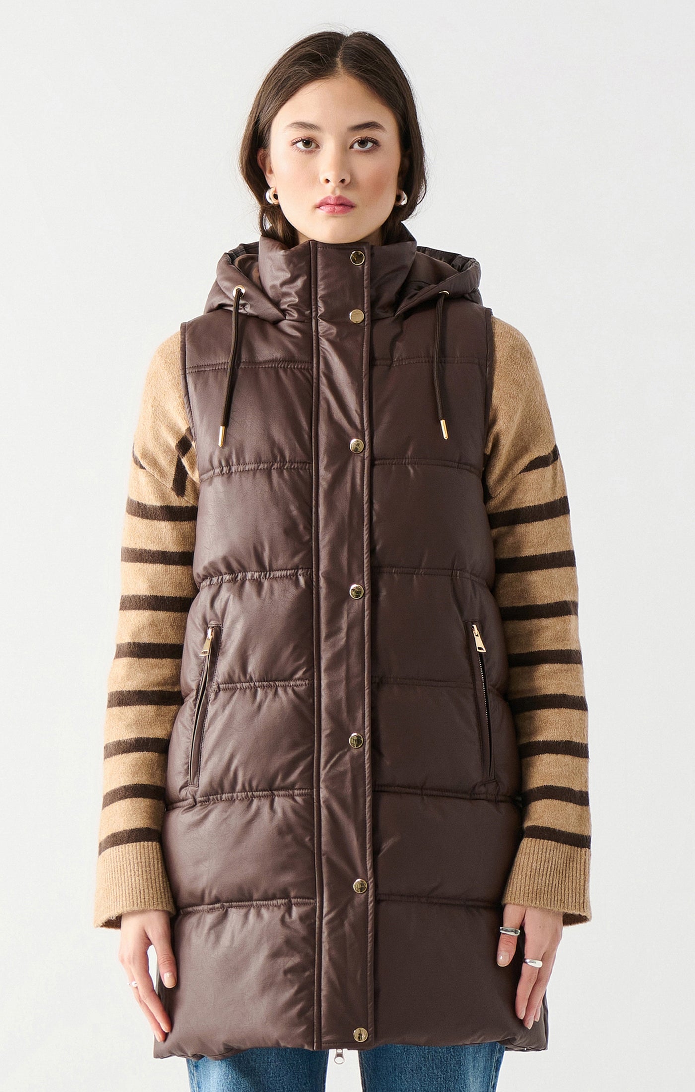 Hooded Faux Leather Puffer Vest - Deep Brown