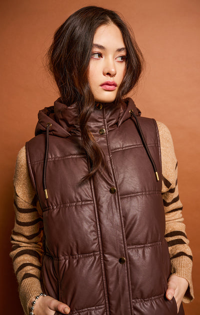 Hooded Faux Leather Puffer Vest - Deep Brown