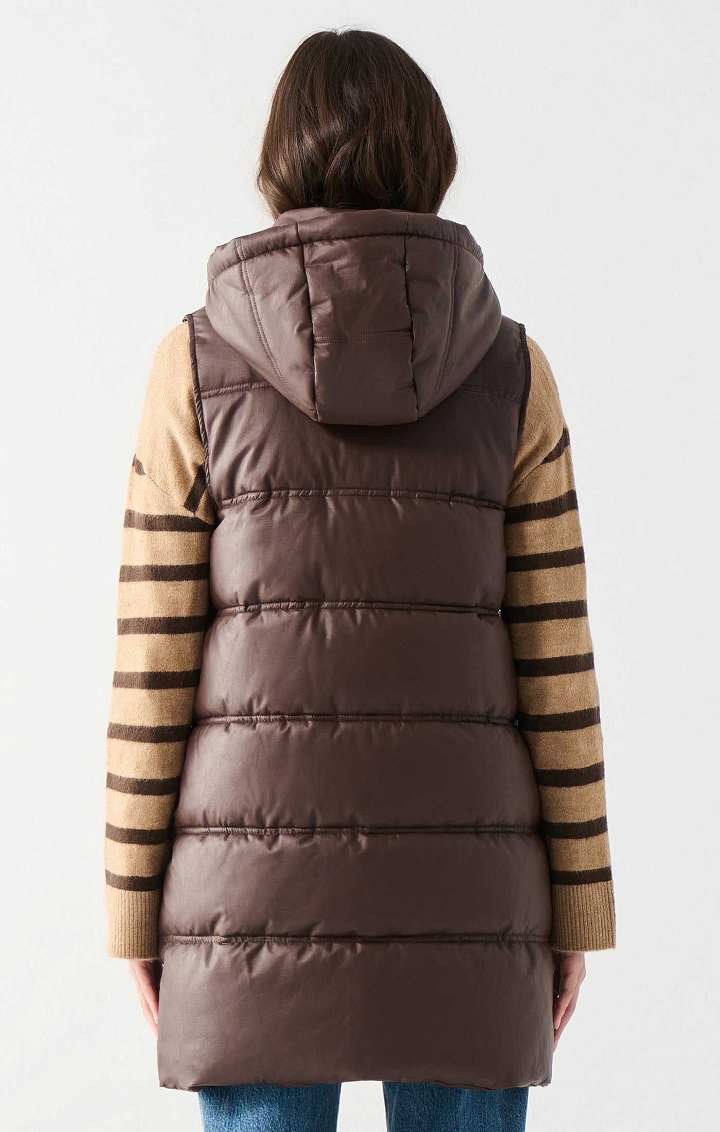 Hooded Faux Leather Puffer Vest - Deep Brown