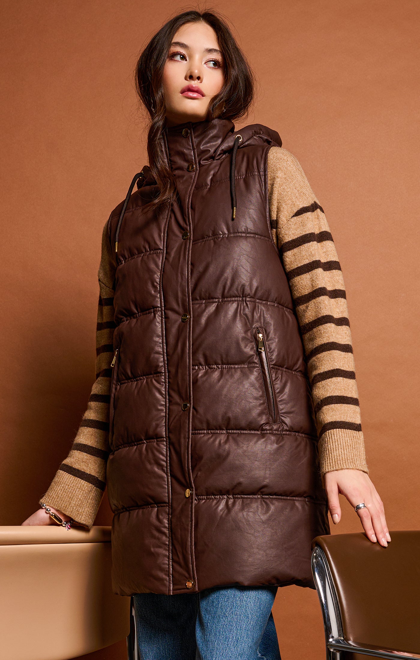 Hooded Faux Leather Puffer Vest - Deep Brown