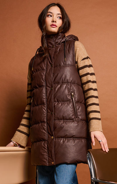 Hooded Faux Leather Puffer Vest - Deep Brown