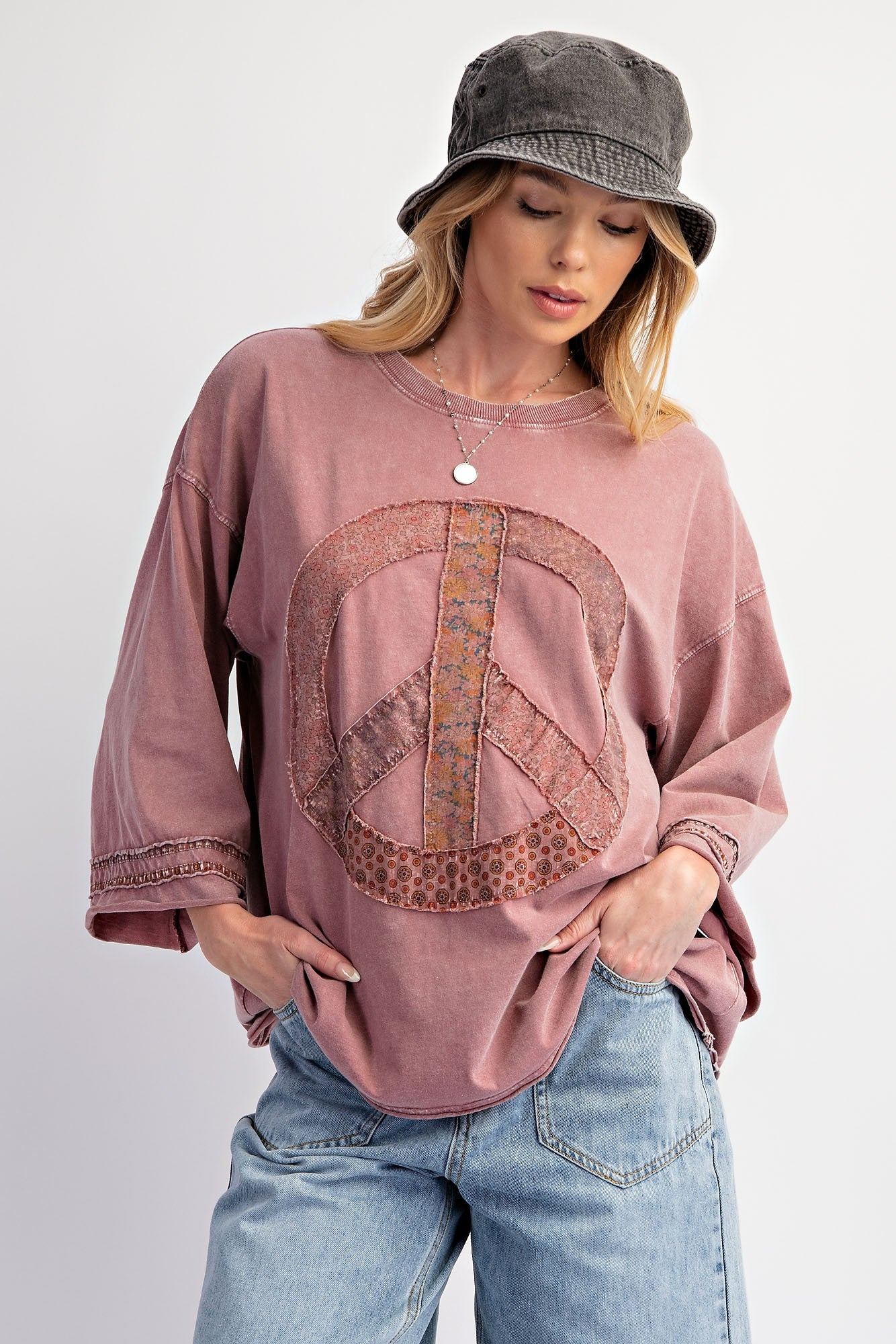 Peace Patch Front Washed Cotton Jersey Top - Mauve