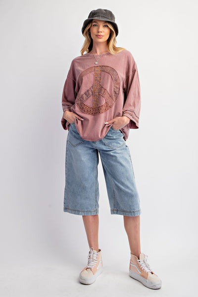 Peace Patch Front Washed Cotton Jersey Top - Mauve