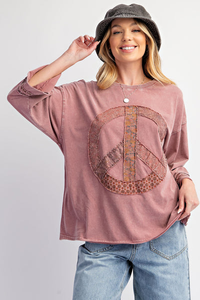 Peace Patch Front Washed Cotton Jersey Top - Mauve