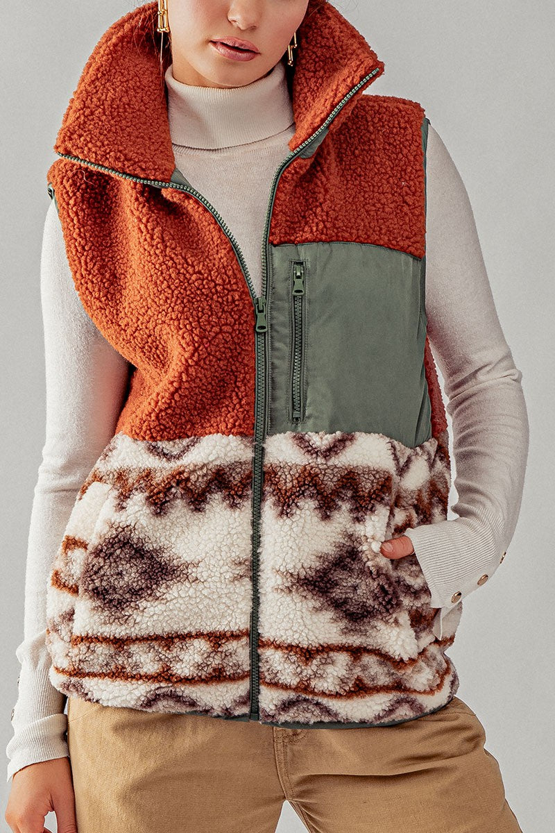 RESTOCKED! Sherpa Fleece Tribal Print High Neck Vest