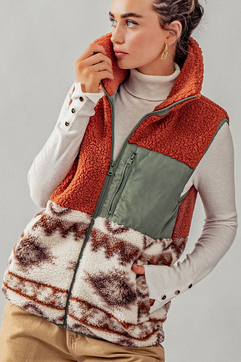 RESTOCKED! Sherpa Fleece Tribal Print High Neck Vest