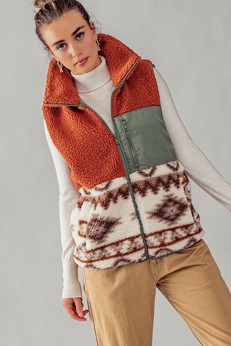 RESTOCKED! Sherpa Fleece Tribal Print High Neck Vest