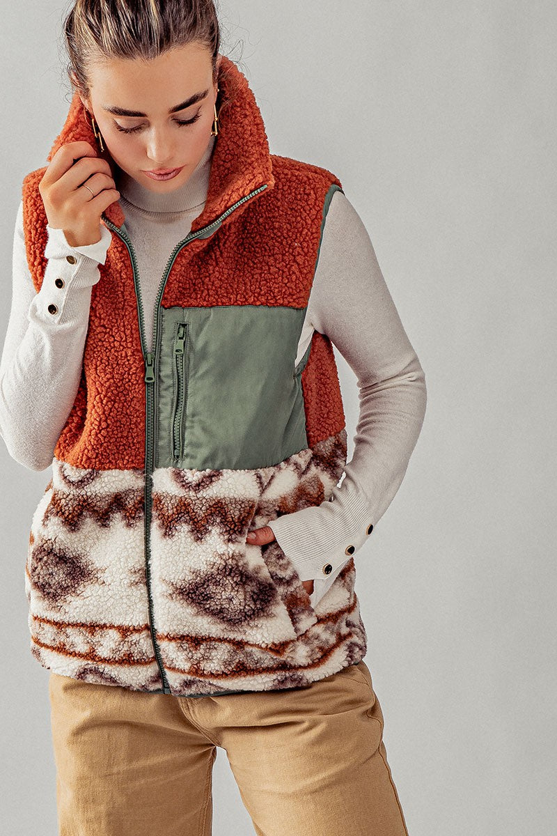 RESTOCKED! Sherpa Fleece Tribal Print High Neck Vest