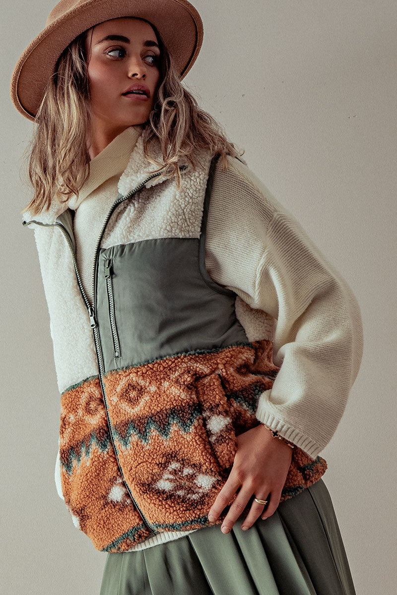 RESTOCKED! Sherpa Fleece Tribal Print High Neck Vest