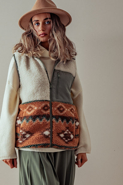 RESTOCKED! Sherpa Fleece Tribal Print High Neck Vest