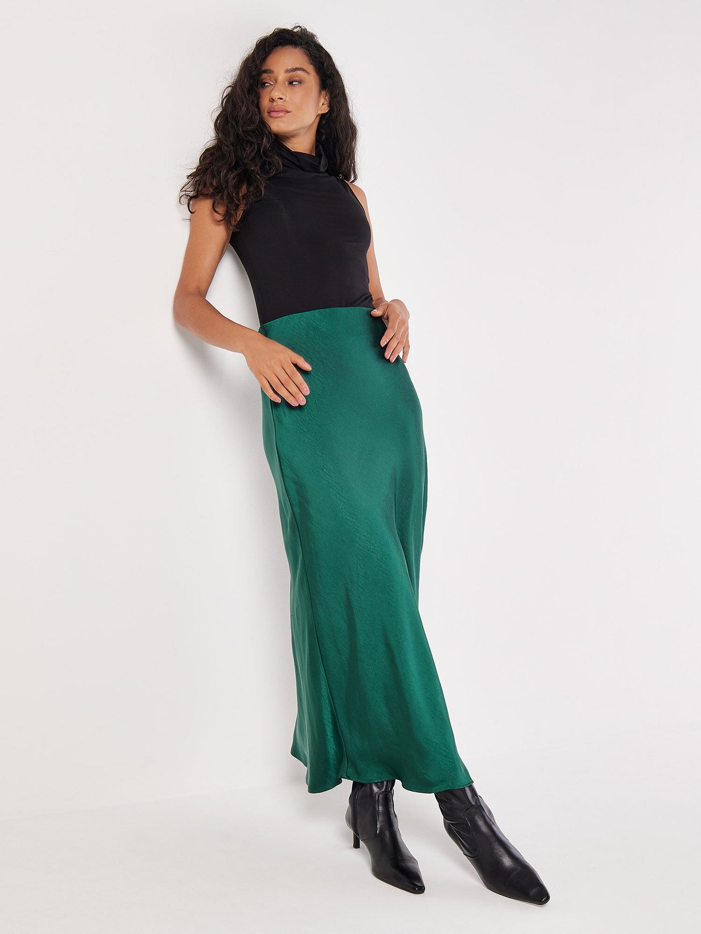 Satin Bias Cut Maxi Skirt - Green