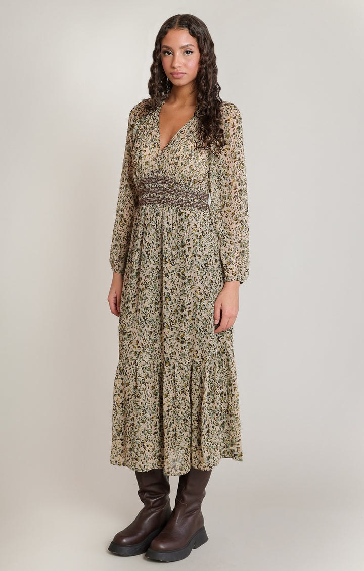 Smocking Waist Dress - Ecru Leopard