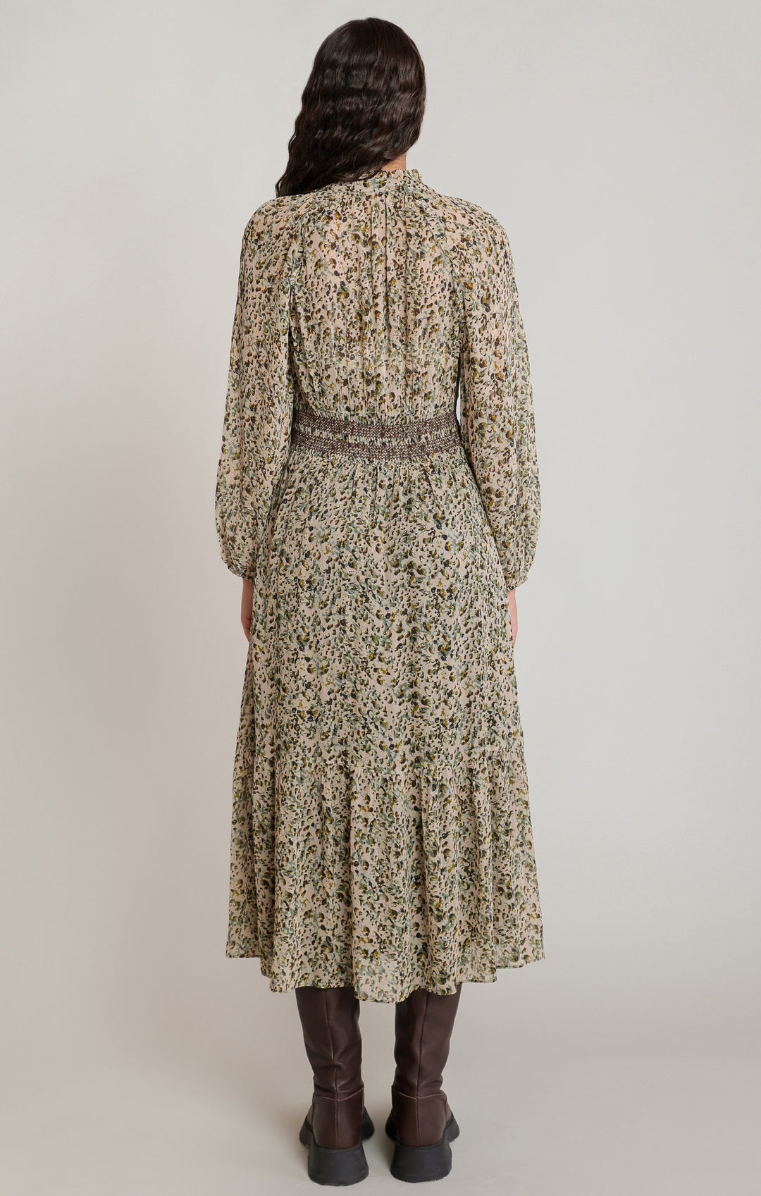 Smocking Waist Dress - Ecru Leopard