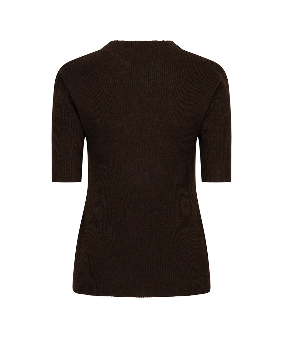 A dark brown ribbed knit sweater with three-quarter sleeves, shown from the back on a plain white background.
