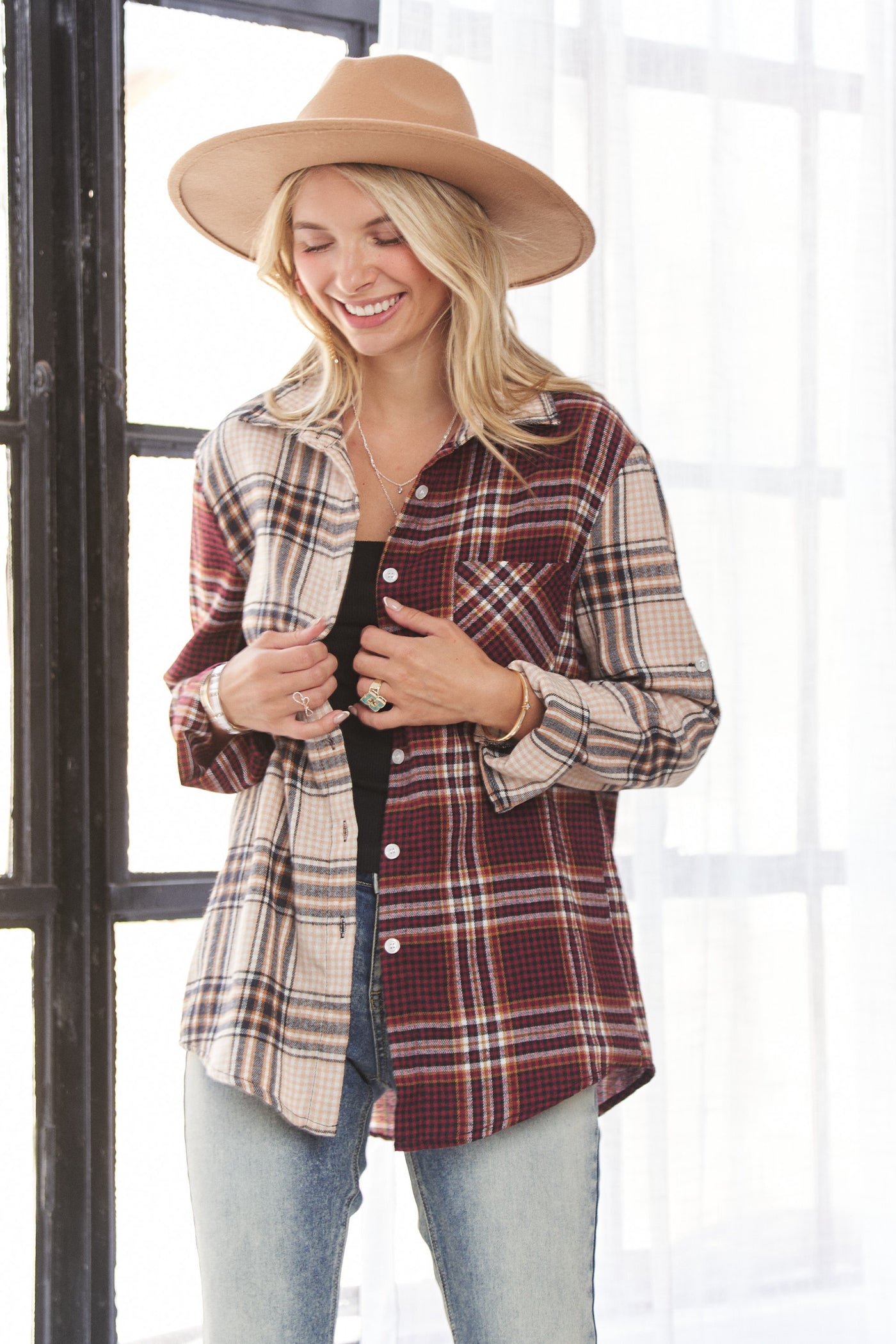 Multi Colorblock Plaid Shirt - Wine