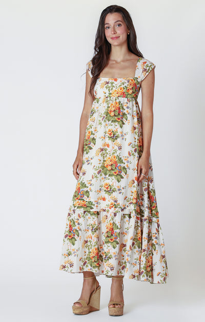 Sleeveless Square Neck Maxi Dress - Orange Multi Floral