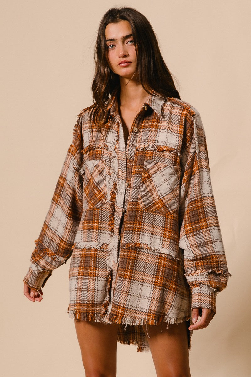 RESTOCKED!! Checked Woven Frayed Edge Detail Shacket - Brown