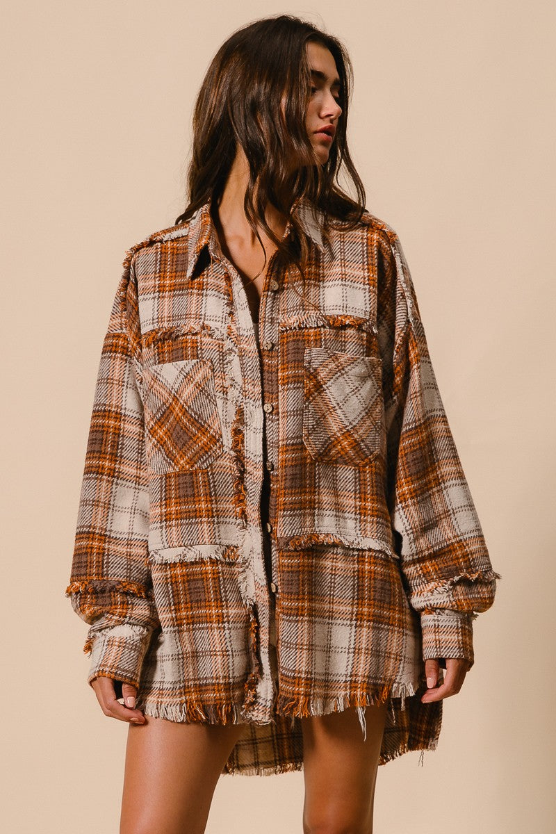 RESTOCKED!! Checked Woven Frayed Edge Detail Shacket - Brown