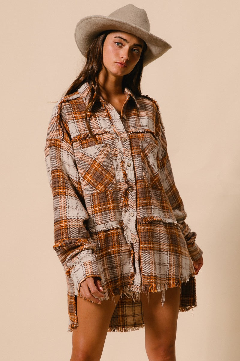 RESTOCKED!! Checked Woven Frayed Edge Detail Shacket - Brown