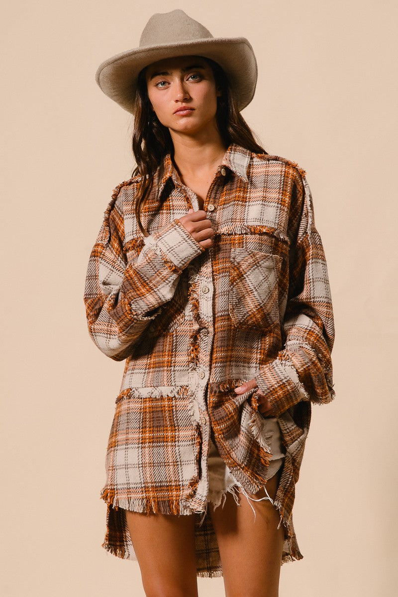 RESTOCKED!! Checked Woven Frayed Edge Detail Shacket - Brown