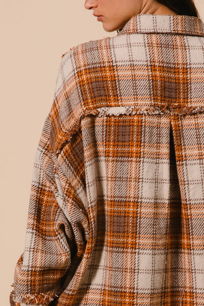 RESTOCKED!! Checked Woven Frayed Edge Detail Shacket - Brown