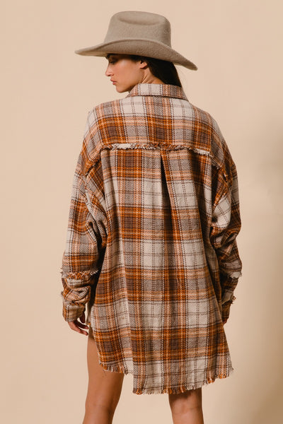 RESTOCKED!! Checked Woven Frayed Edge Detail Shacket - Brown