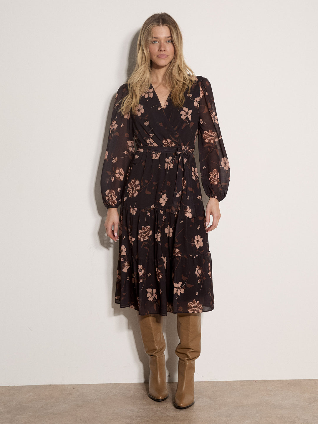 Vintage Floral Wrap Tiered Dress - Black