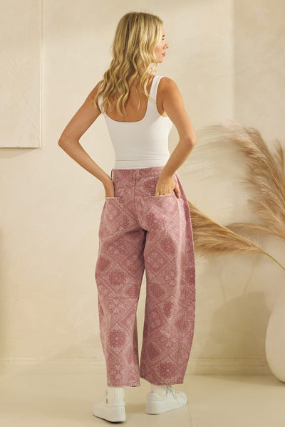 Paisley Printed Barrel Jeans- Washed Pink