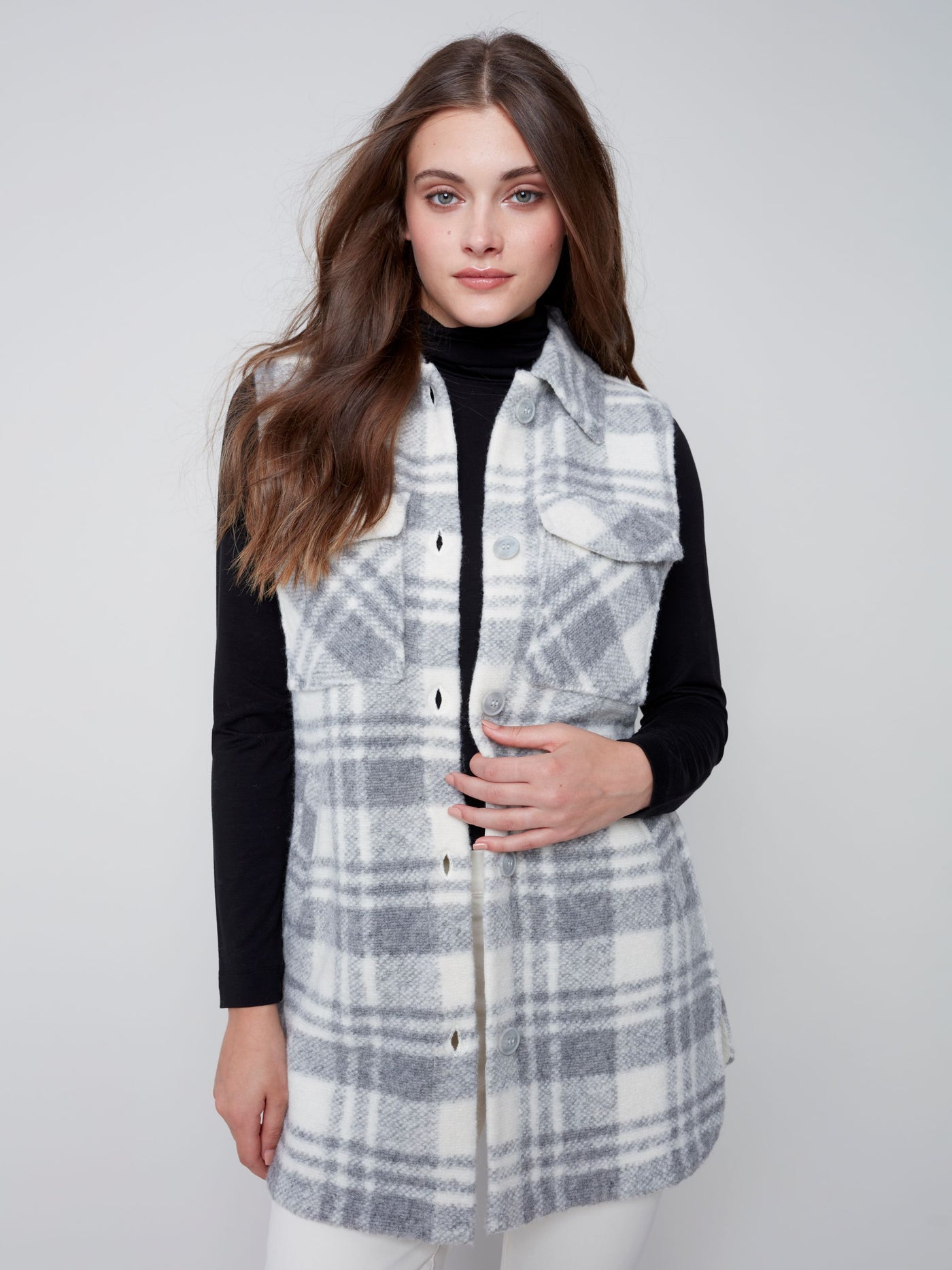 Button Front Collared Vest with Pockets (Light Grey)