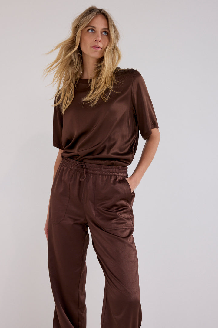A woman modeling a matching brown satin short-sleeve top and wide-leg pants set against a plain light gray studio background.