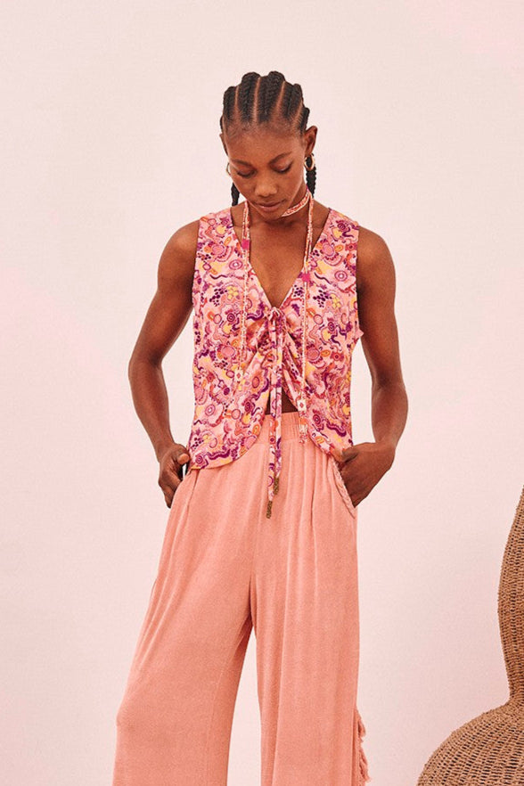 Printed Top with Ruched Detail - Pink