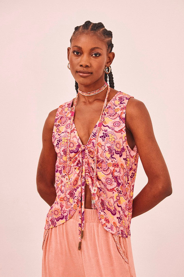 Printed Top with Ruched Detail - Pink