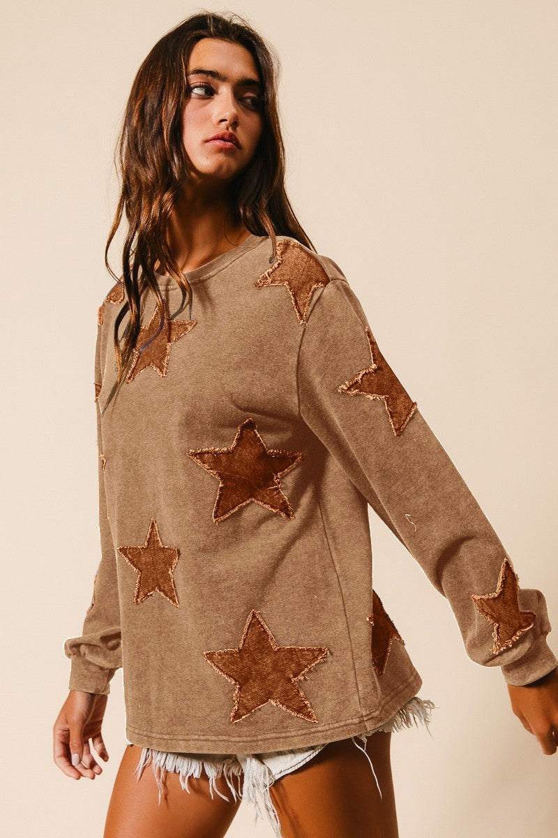 RESTOCKED! Star Patchwork Washed Terry Pullover - Camel/Mocha