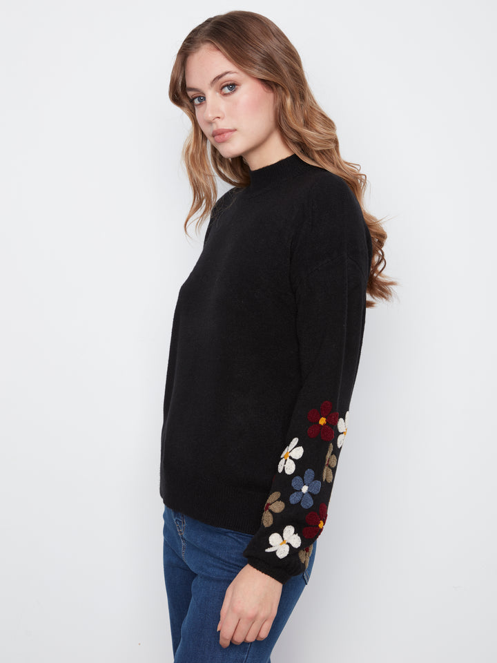 Charlie B Mock Neck Sweater With Embroidered Flowers - Black