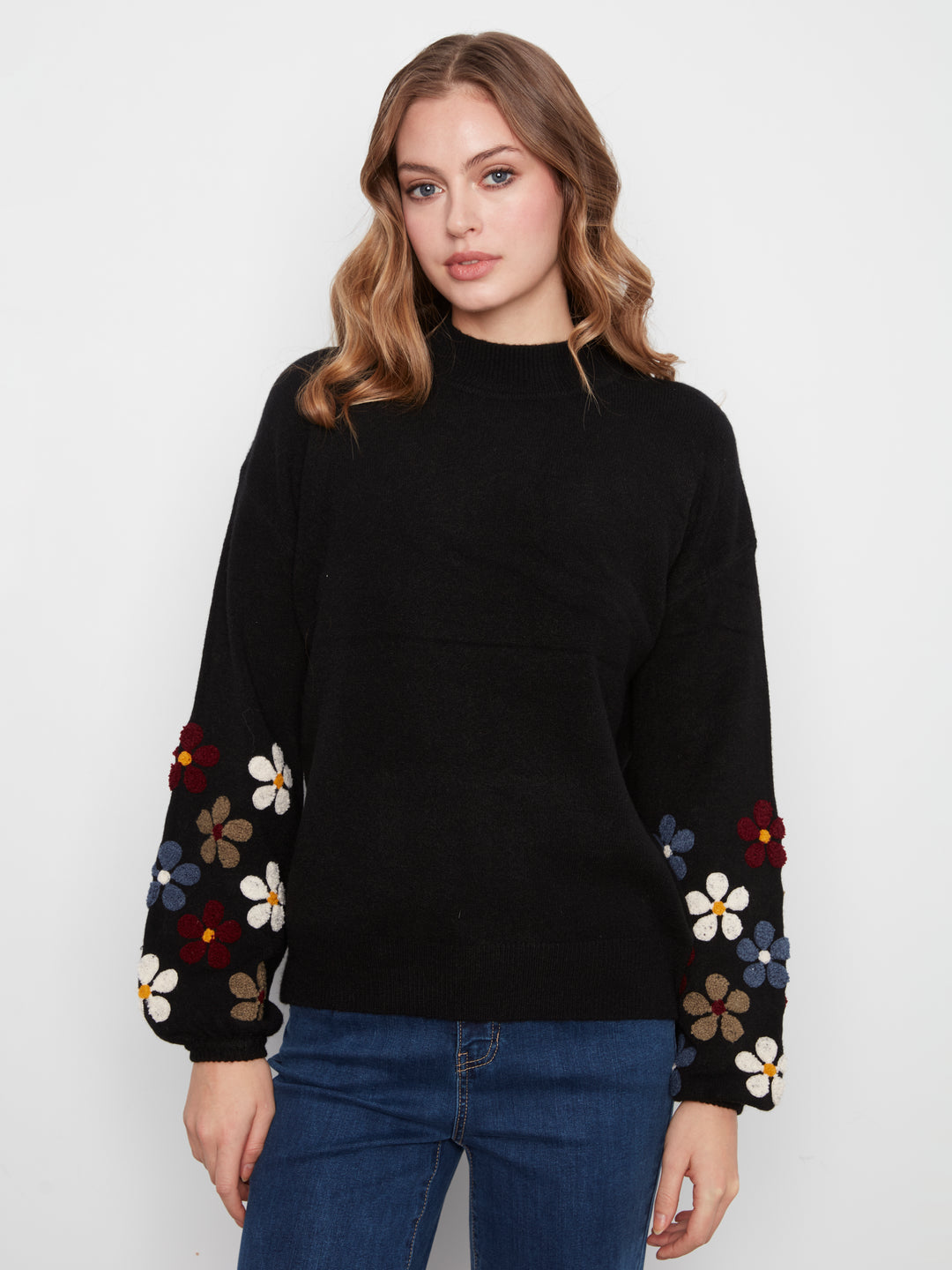Charlie B Mock Neck Sweater With Embroidered Flowers - Black