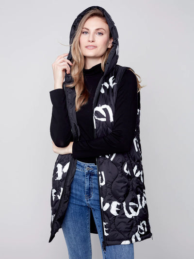 Printed Long Puffer Quilted Sleeveless Vest With Hood And Pockets
