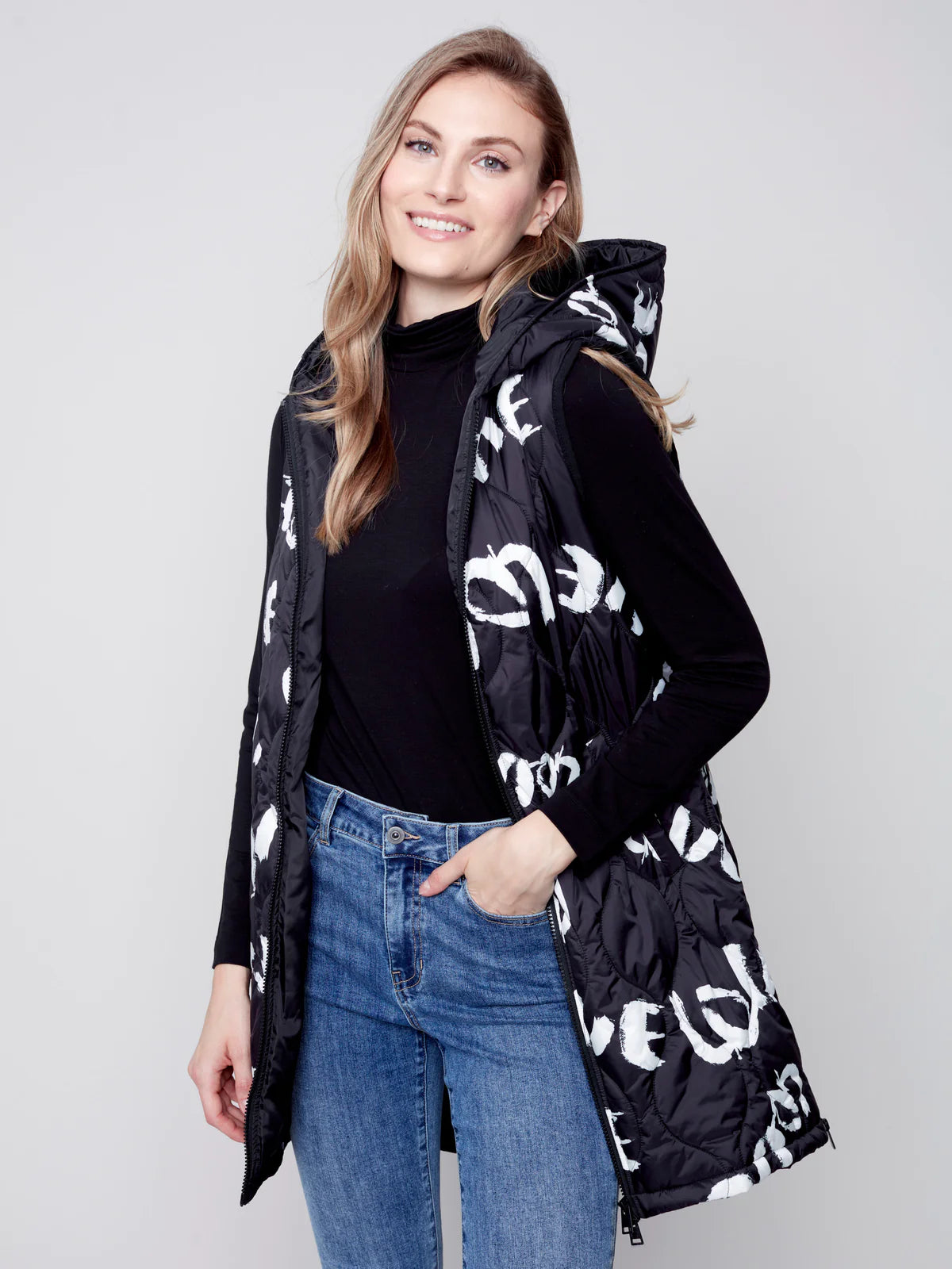 Printed Long Puffer Quilted Sleeveless Vest With Hood And Pockets ...