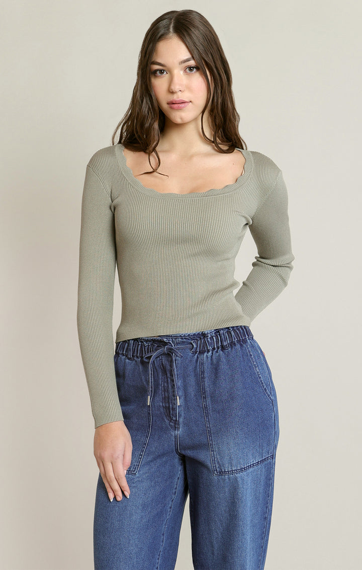 Scallop Neckline Top - Light Sage