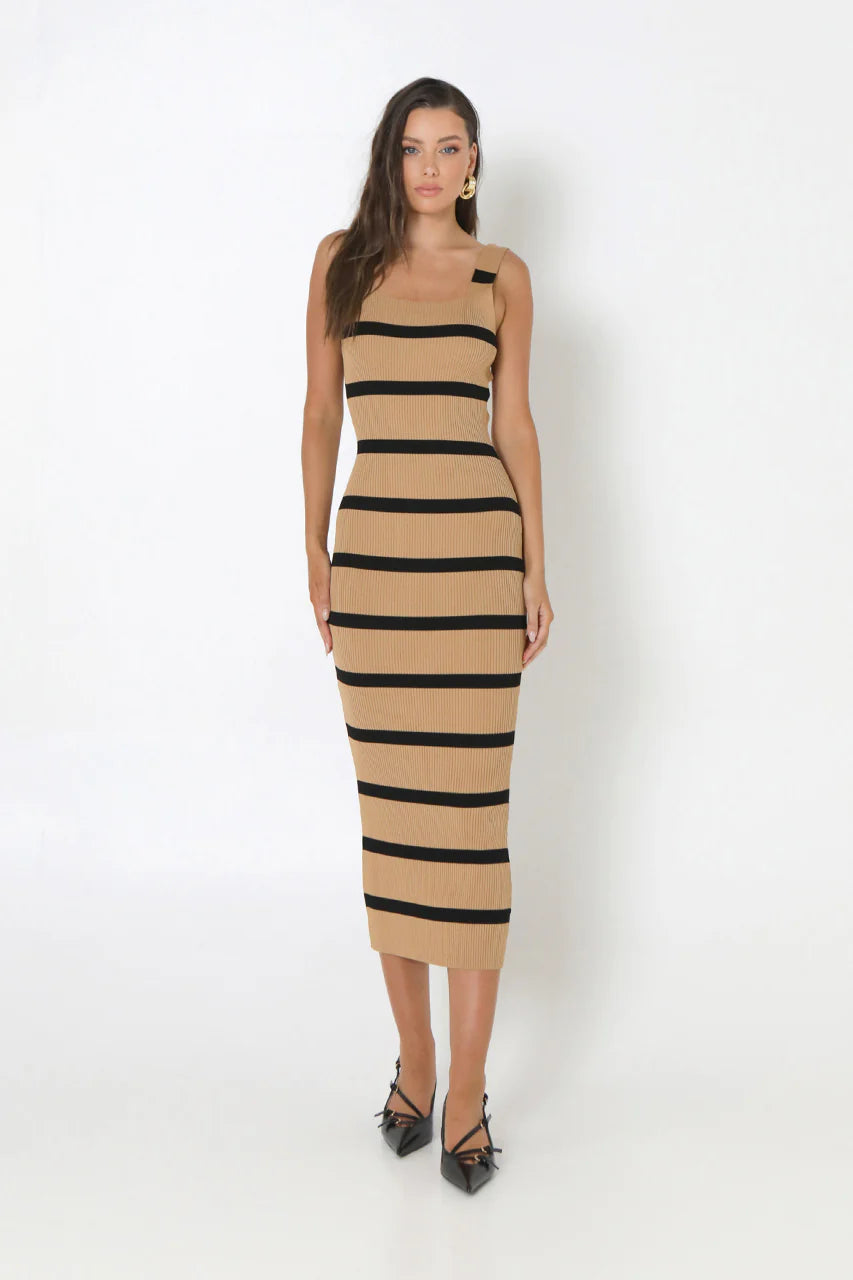 Kara Knit Dress - Camel+Black Stripe