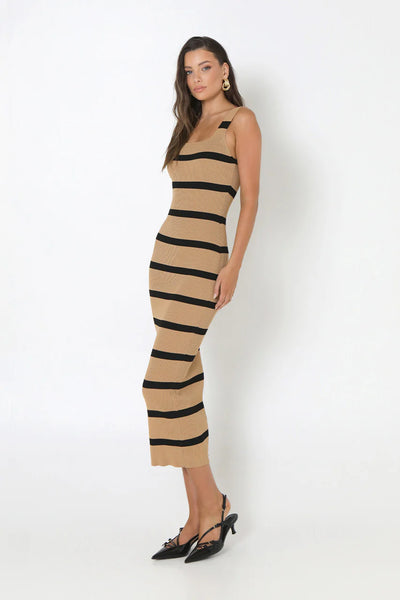 Kara Knit Dress - Camel+Black Stripe