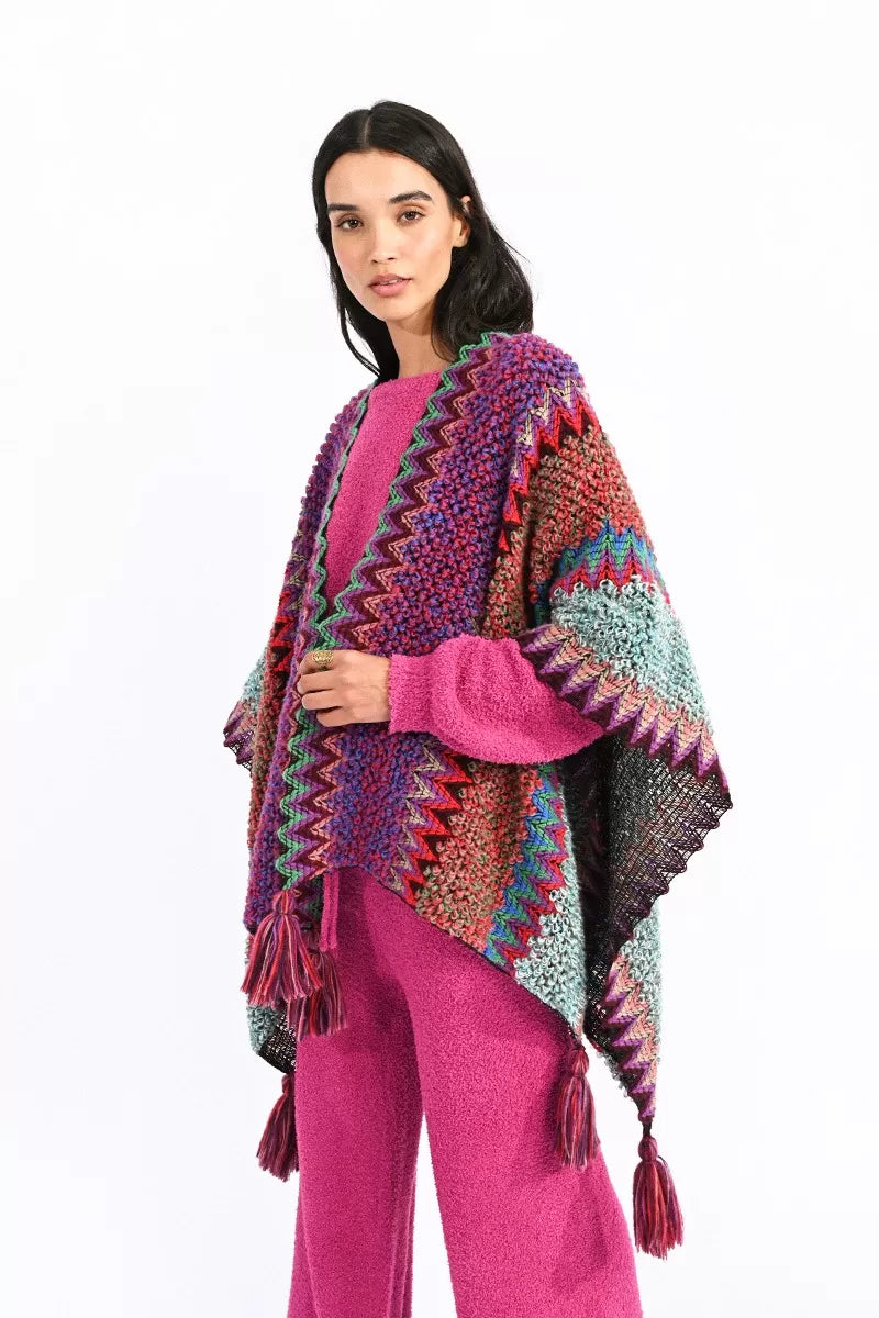 Knitted Poncho with Pom Poms (Purple) O/S