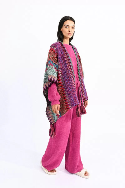 Knitted Poncho with Pom Poms (Purple) O/S
