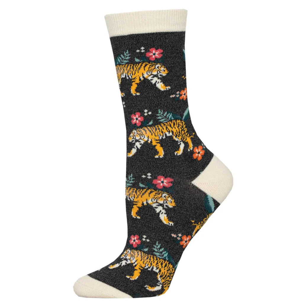 Ladies Bamboo Tiger Floral Socks - Charcoal Heather