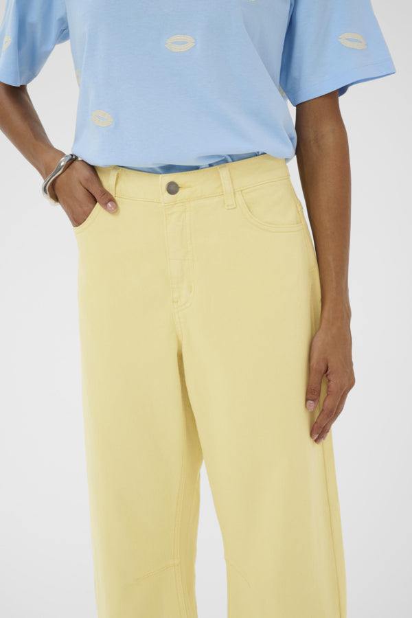 Person wearing a light blue shirt and yellow pants on a white background